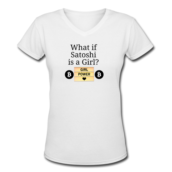 Bitcoin shirts- "SATOSHI'S A GIRL" Women's V-Neck T-Shirt - white