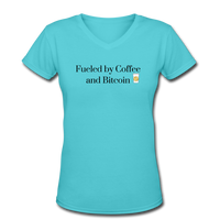 Coffee Gifts- "COFFEE AND BITCOIN" Women's V-Neck T-Shirt - aqua