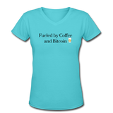 Coffee Gifts- "COFFEE AND BITCOIN" Women's V-Neck T-Shirt - aqua