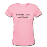 Coffee Gifts- "COFFEE AND BITCOIN" Women's V-Neck T-Shirt - pink