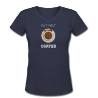 Coffee Gifts- "BUT FIRST COFFEE" Women's V-Neck T-Shirt - navy