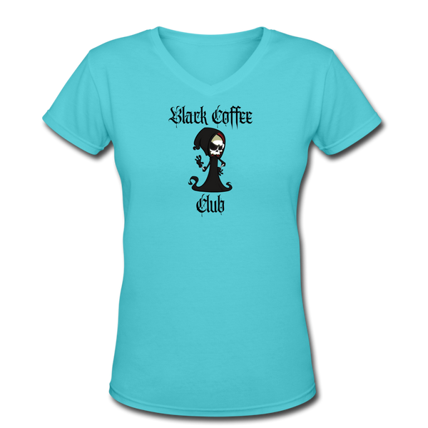 Coffee Gifts- "BLACK COFFEE CLUB SKELETON" Women's V-Neck T-Shirt - aqua