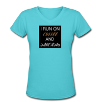 Coffee gifts- "COFFEE AND SARCASM" Women's V-Neck T-Shirt - aqua