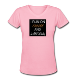 Coffee gifts- "COFFEE AND SARCASM" Women's V-Neck T-Shirt - pink