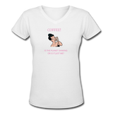 Coffee gifts- "COFFEE CALL PLANET SHAKING" Women's V-Neck T-Shirt - white