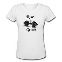 Gym Shirts- "RISE & GRIND" Women's V-Neck T-Shirt - white