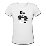 Gym Shirts- "RISE & GRIND" Women's V-Neck T-Shirt - white