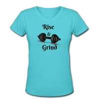 Gym Shirts- "RISE & GRIND" Women's V-Neck T-Shirt - aqua