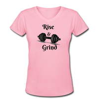 Gym Shirts- "RISE & GRIND" Women's V-Neck T-Shirt - pink