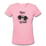 Gym Shirts- "RISE & GRIND" Women's V-Neck T-Shirt - pink