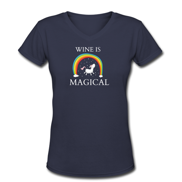 Beer shirts- "WINE IS MAGICAL"  Women's V-Neck T-Shirt - navy