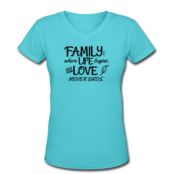 Gifts for Family- "FAMILY-WHERE LIFE BEGINS..." Women's V-Neck T-Shirt - aqua