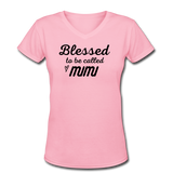 Gifts for Family- "BLESSED/MIMI" Women's V-Neck T-Shirt - pink