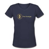Bitcoin shirts- "B THE CHANGE" Women's V-Neck T-Shirt - navy