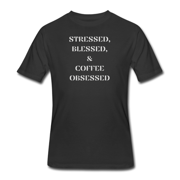 Coffee gifts- "STRESSED BLESSED COFFEE OBSESSED" Men's tee - black