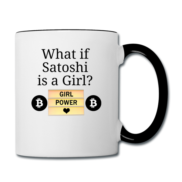 Bitcoin mug- "SATOSHI'S A GIRL" Contrast  11 oz Coffee Mug - white/black